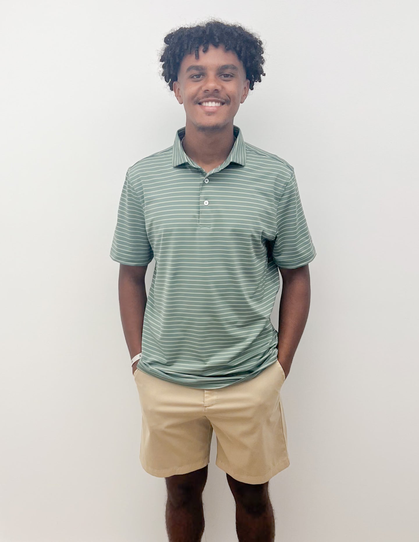 Southern Point Co. Horizon Stripe Performance Polo in Duck Green/Sandstone