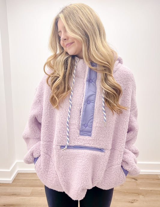 See You Two-Toned Sherpa Pullover Hoodie in Light Purple