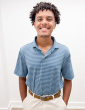 Load image into Gallery viewer, Southern Point Co. Horizon Stripe Performance Polo in Mallard Blue/White