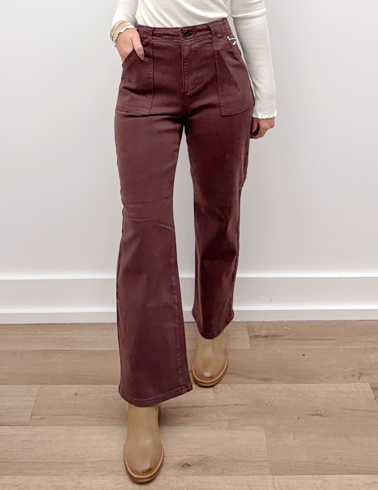 Whatever She's Got High Rise Flare Patch Pocket Jeans