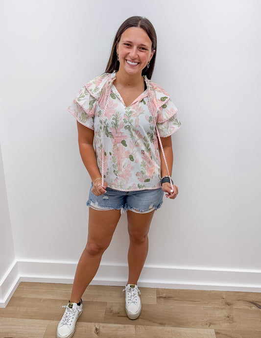 Girl Like You Floral Striped Ruffled Sleeve Top