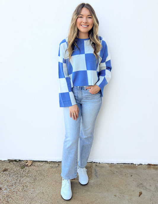 Blue Christmas Checkered Sweater