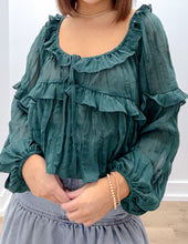 Load image into Gallery viewer, Running For You Scoop Neck Ruffle Blouse in Dark Green