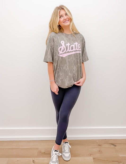 Pink State Script On Bottomland Camo SS Tee