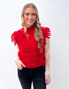 Comfort & Joy Fringe Sweater Vest in Red