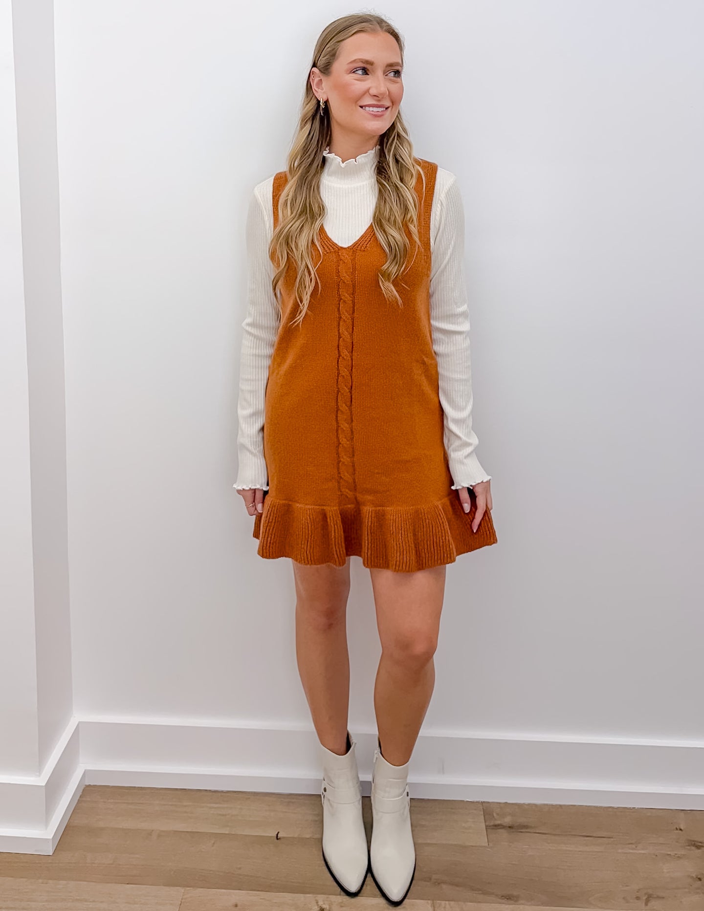 Turning The Page Sleeveless V Neck Hem Knit Dress in Rust