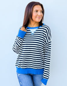 Looking Like an Angel Striped Oversized Sweatshirt in Navy