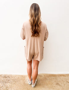 Never Leave Casual V-Back Short Sleeve Romper in Dk. Taupe