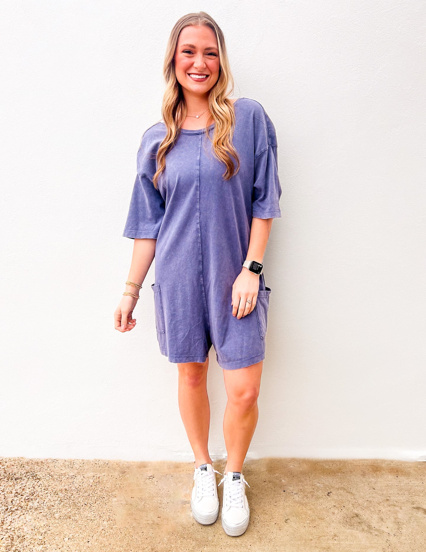 Never Leave Casual V-Back Short Sleeve Romper in Dusty Indigo