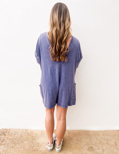 Never Leave Casual V-Back Short Sleeve Romper in Dusty Indigo