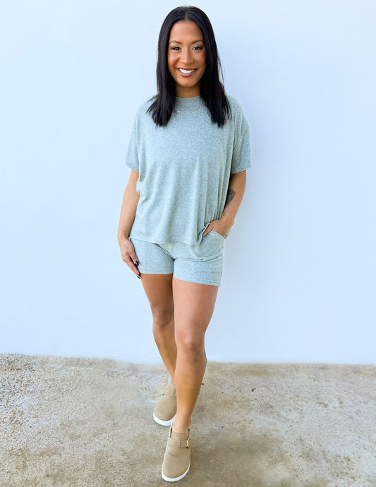 Love Me When I'm Gone Melange Short Sleeve Top & Shorts Set in Lt Olive