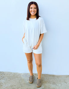 Love Me When I'm Gone Melange Short Sleeve Top & Shorts Set in Sand Beige