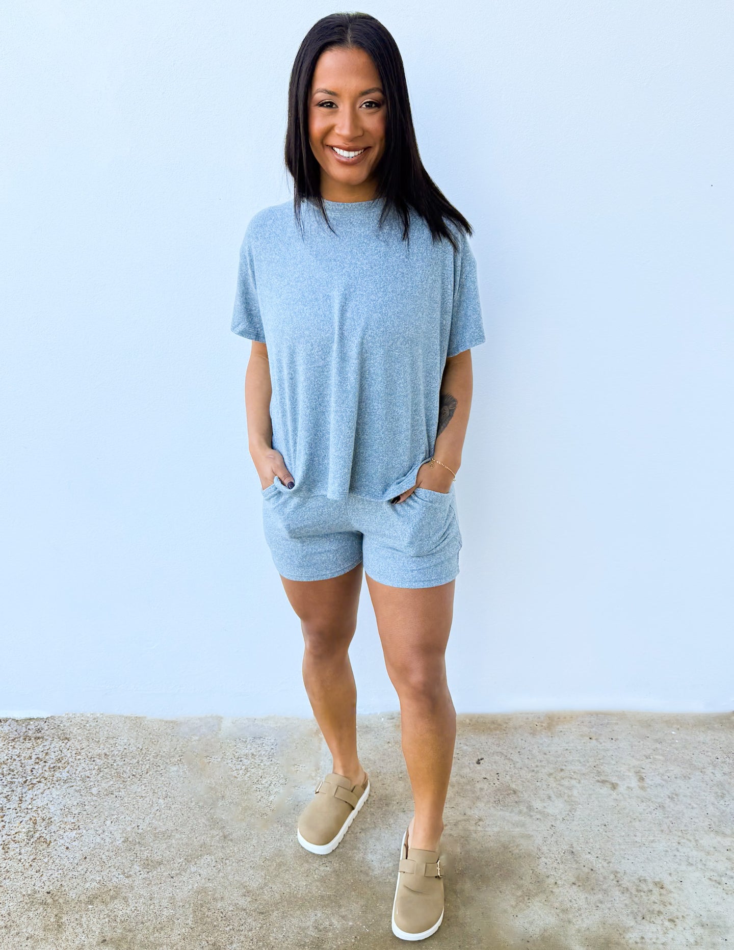 Love Me When I'm Gone Melange Short Sleeve Top & Shorts Set in Ash Jade