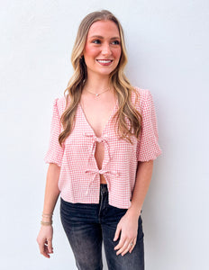 Loving You Gingham Print Bow Tie Puff Sleeve Blouse in Pink