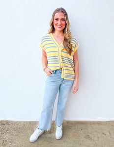 Spring Days Stripped Button-Up Sweater Top in Lemon/Blue