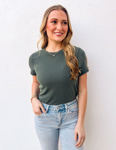 Just Your Basic Ribbed Knit T-Shirt in T. Green