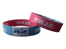 Load image into Gallery viewer, Versible Blue &amp; Pink WWJD Tap to Pray Wristband