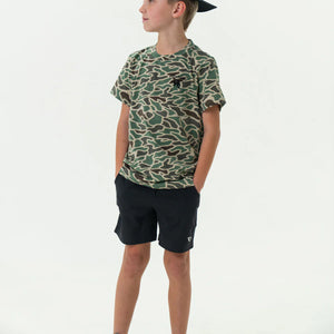 Burlebo Youth Athletic Shorts in Heather Black with Retro Duck Camo Liner