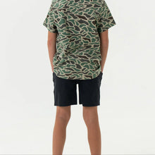 Load image into Gallery viewer, Burlebo Youth Athletic Shorts in Heather Black with Retro Duck Camo Liner