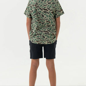Burlebo Youth Athletic Shorts in Heather Black with Retro Duck Camo Liner