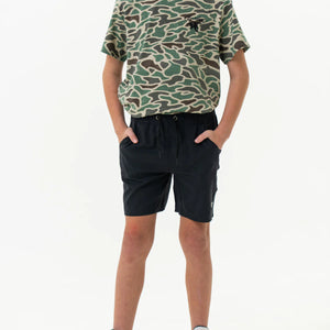 Burlebo Youth Athletic Shorts in Heather Black with Retro Duck Camo Liner