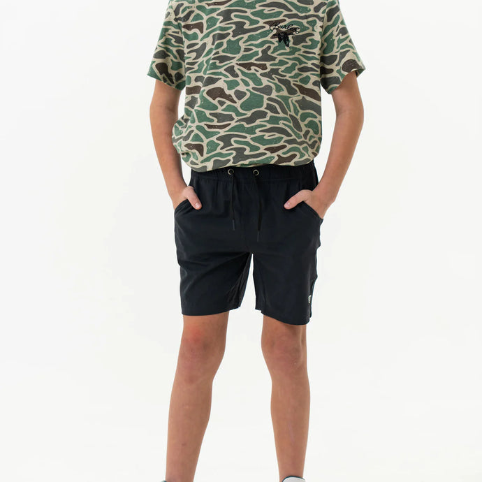 Burlebo Youth Athletic Shorts in Heather Black with Retro Duck Camo Liner