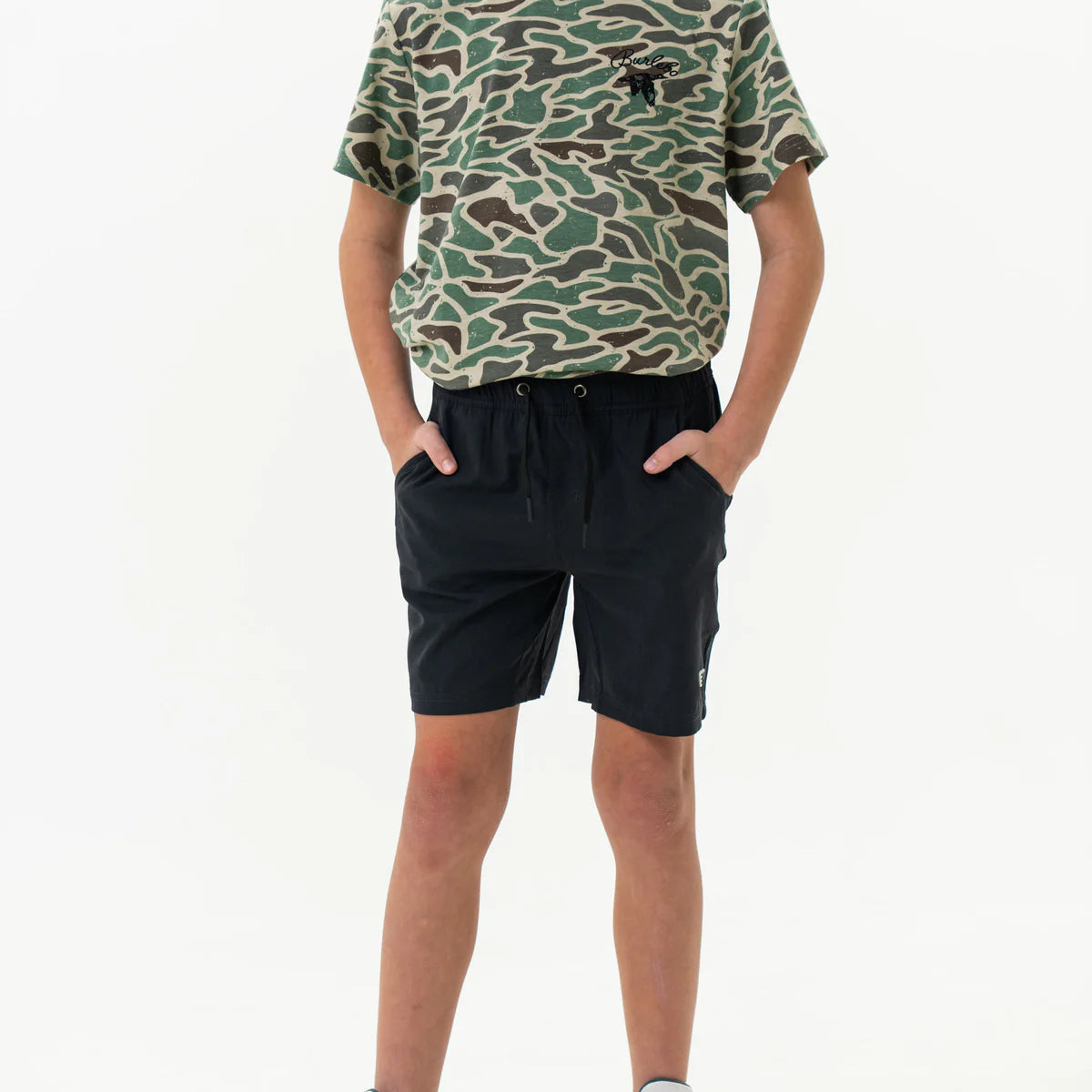 Burlebo Youth Athletic Shorts in Heather Black with Retro Duck Camo Liner
