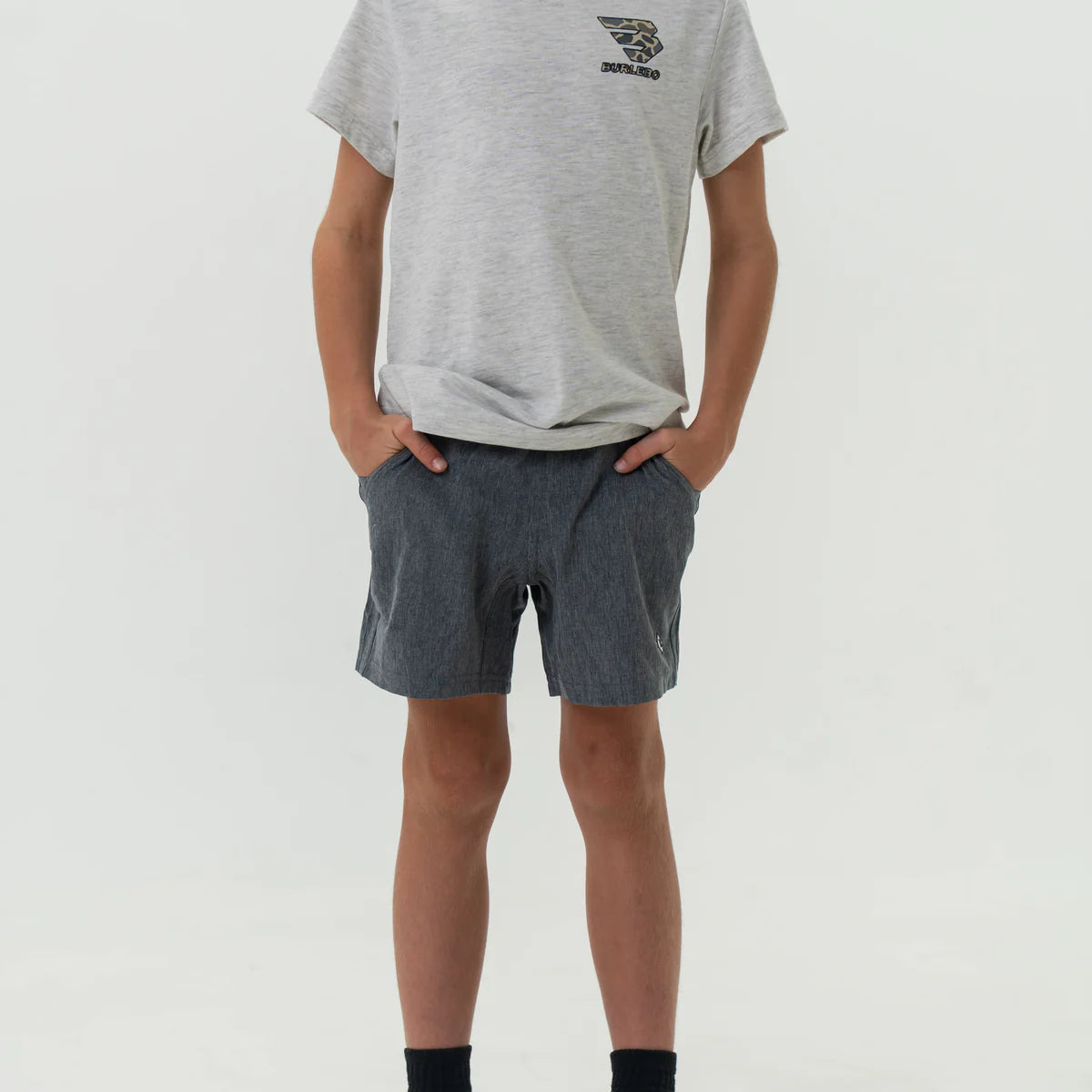 Burlebo Youth Athletic Shorts in Grizzly Grey with Deer Camo Liner