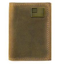 Load image into Gallery viewer, Vintage Tan Brass USA Flag Trifold Wallet