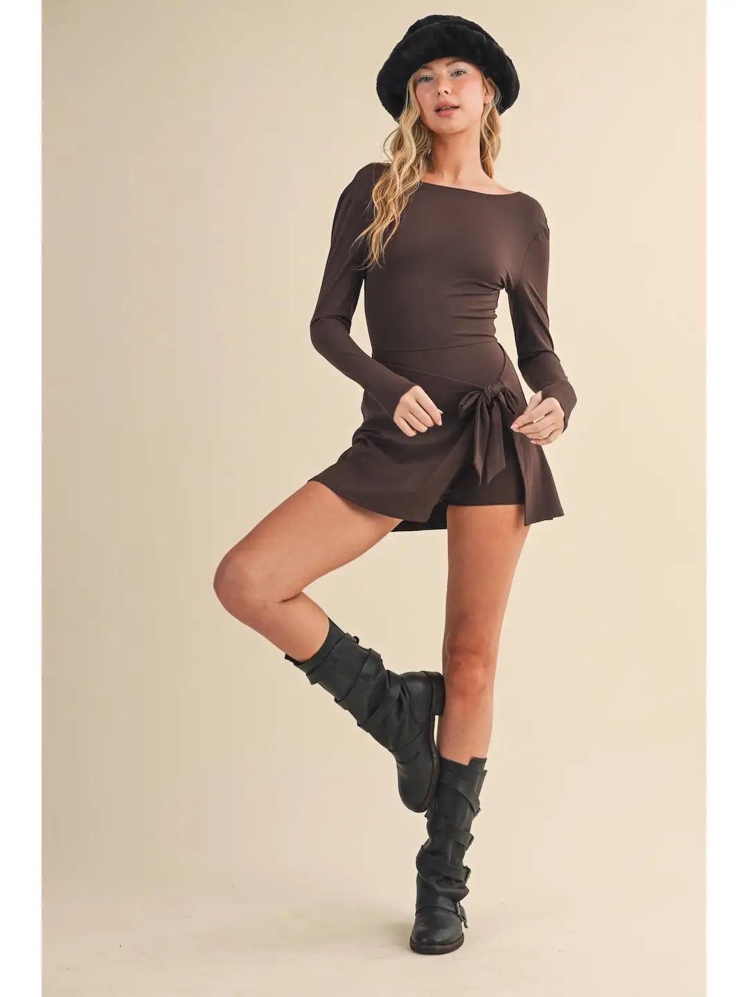 Touch Me LS Wrap Tie Front Dress in Chocolate