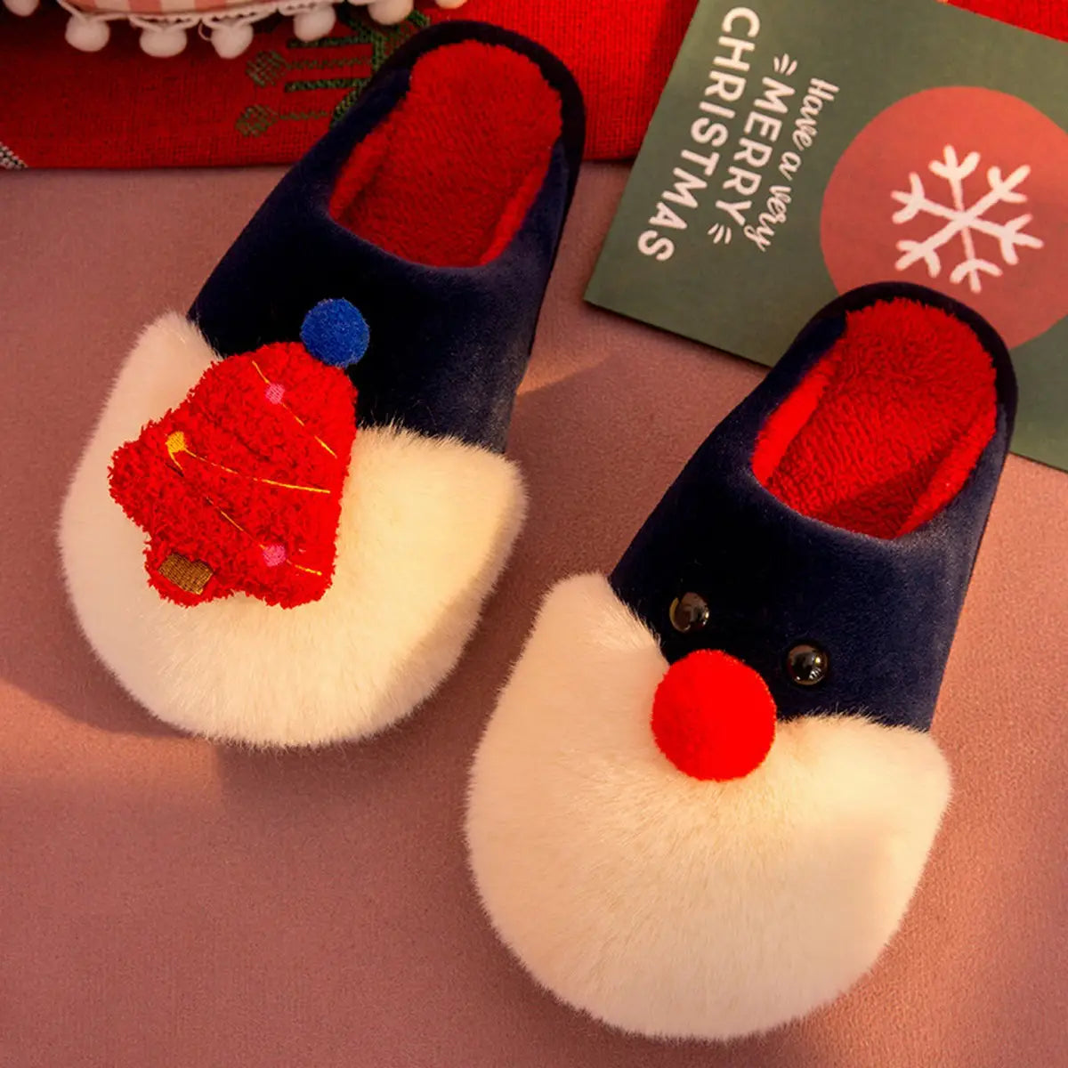 Rocking Around the Christmas Tree Fuzzy Slippers Blue