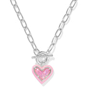 Load image into Gallery viewer, Kendra Scott Ari Heart Enamel Frame Chain Necklace in Silver Pink Iridescent Glitter