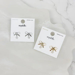 Bow & Pearl Silver Stud Earrings