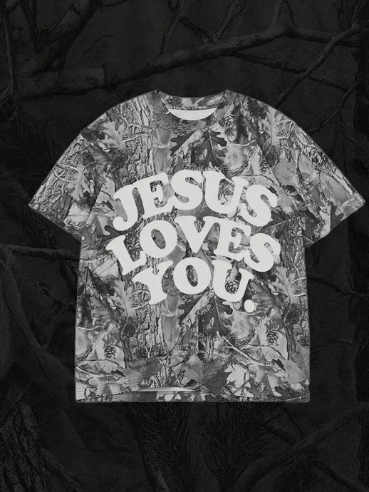 Jesus Loves You Heavyweight Camo Tee in Midnight Oak