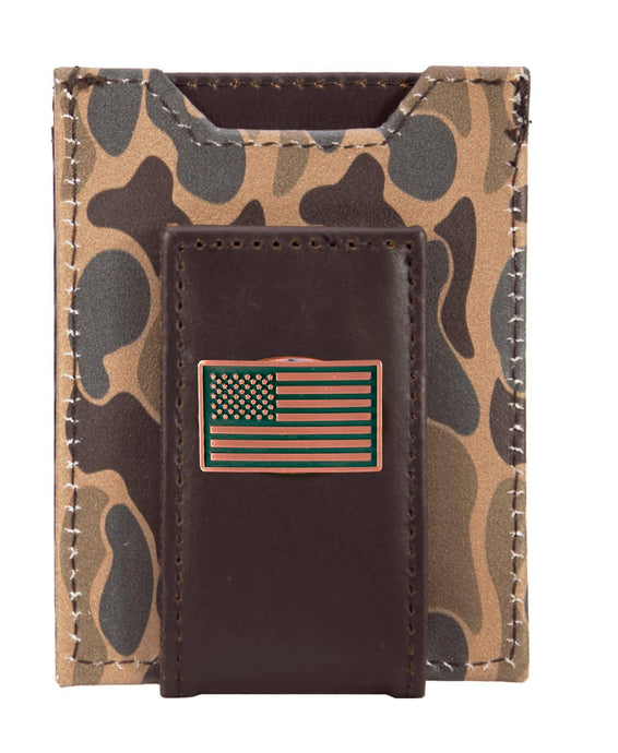 USA Flag Magnetic Front Pocket Old School Camo Leather Wallet: Brown/Tan