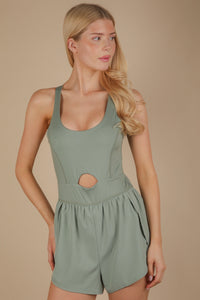 Take a Look Around Front Cutout Activewear Romper in Sage