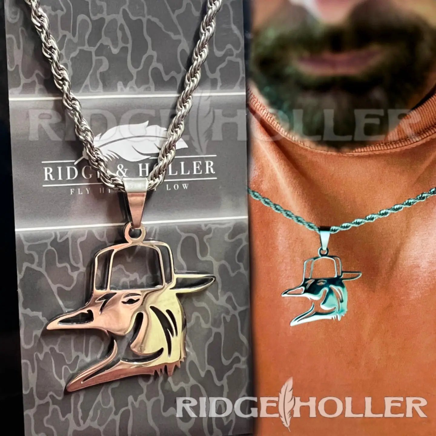 Ridge&Holler Adult Stainless Steel Wood Duck with Hat Necklace