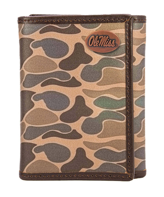 Ole Miss Rebels Men's Trifold Old School Camo Leather Wallet:Brown/Tan