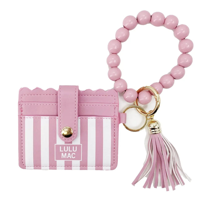 Lulu Mac Beaded Wristlet ID Wallet in Pink Stripe Darby
