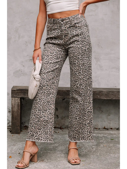 Without You Leopard Frayed Edge Wide Leg High Waist Jeans