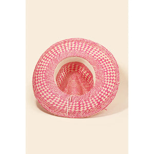 Checkered Straw Weave Sun Hat Fuchsia