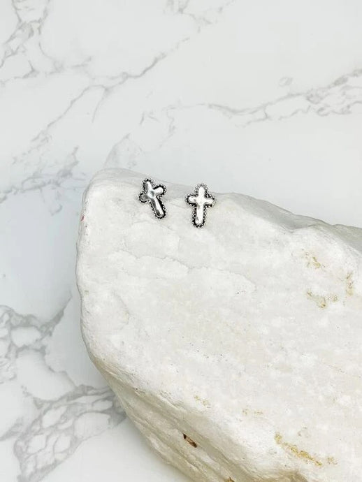 Hammered Matte Silver Cross Stud Earrings