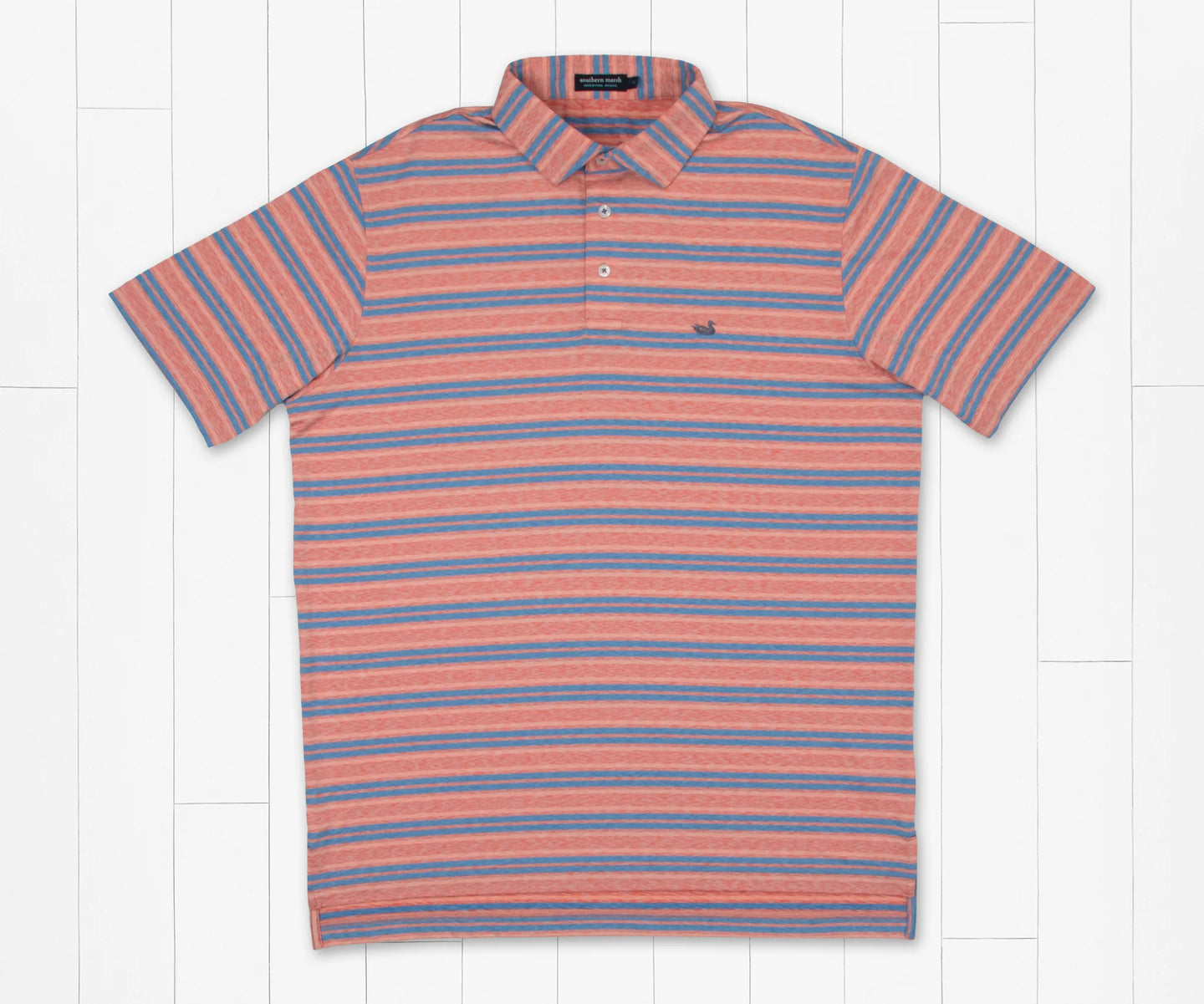 Southern Marsh Havana Zapata Stripe Performance Polo Coral & French Blue